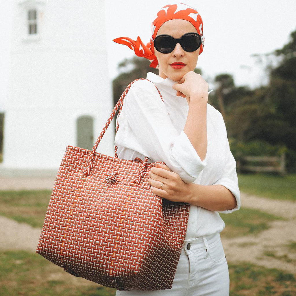 TOKO Recycled Woven Tote Bag, in Red & White